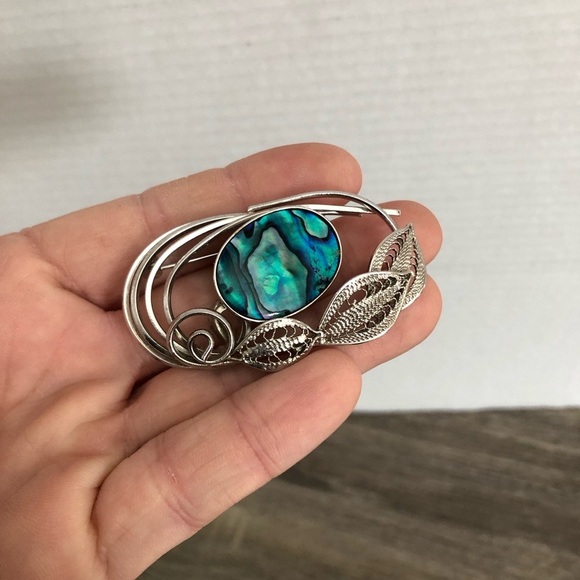 Vtg Abalone Filigree Leaf Detailed Brooch - Picture 9 of 12